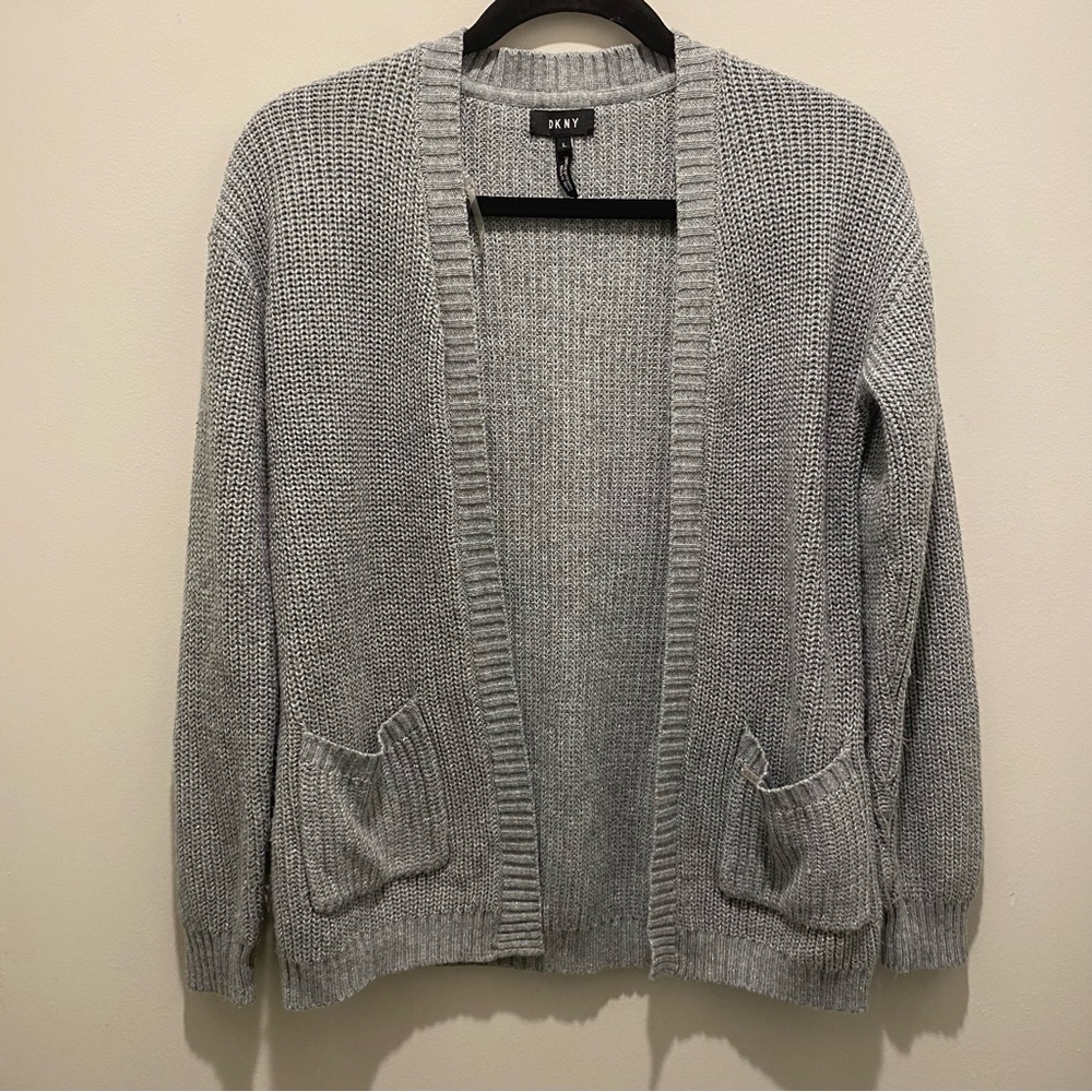 DKNY Long Sleeve Open-Front Cardigan Sweater Light Gray Women's Size L Warm EUC